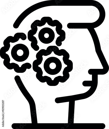Human head profile with gears turning, symbolizing a brain actively engaged in thought and problem solving