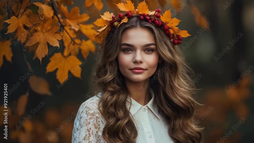 Beautiful young woman, autumn leaves in her hair Beautiful young woman, autumn leaves in her hair