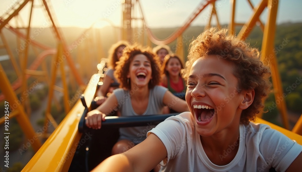 Obraz premium Young people having fun on the roller coaster in the amusement park