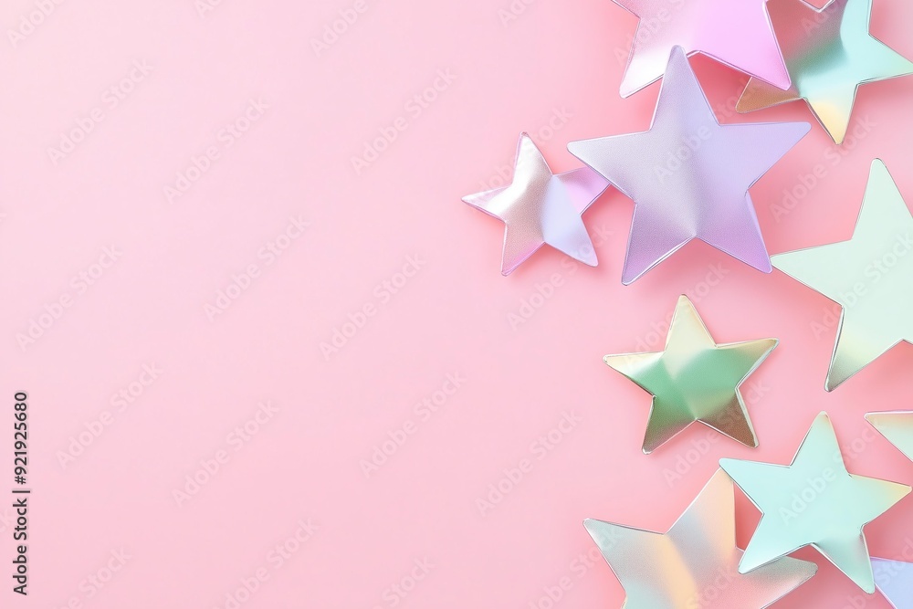 big holographic paper stars on a pastel pink solid colour background with copy space for Christmas big holographic paper stars on a pastel pink solid colour background with copy space for Christmas