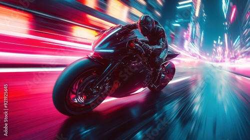 Cyberpunk Motorcycle Racing Through Neon-Lit Streets of a Futuristic City