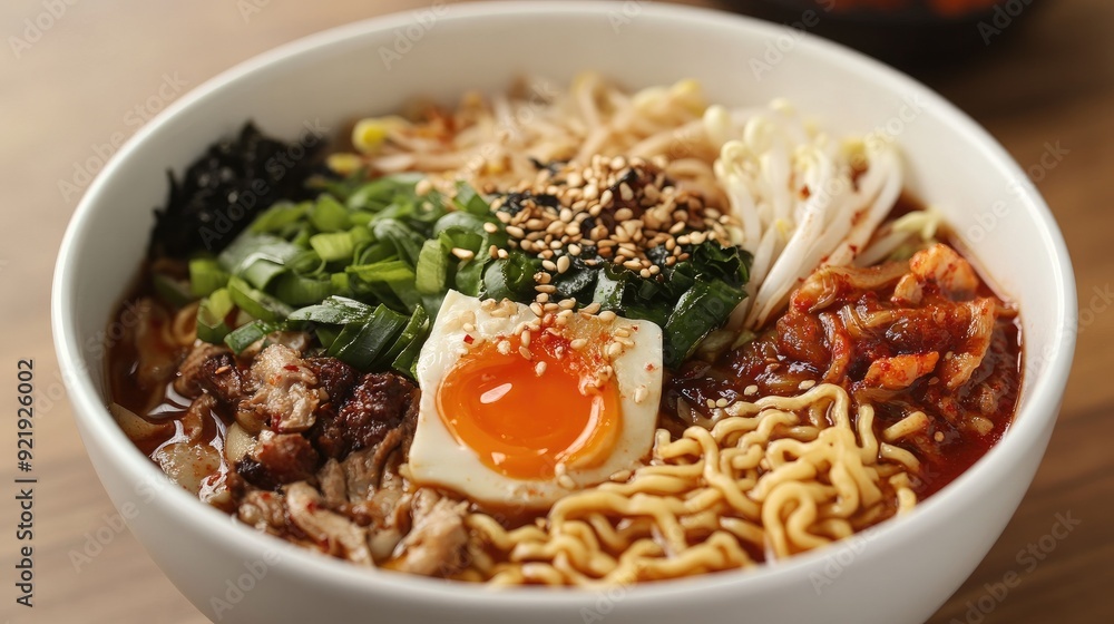 A bowl of Korean ramen (ramyeon) with spicy broth and toppings. Great for quick meal ideas and food content A bowl of Korean ramen (ramyeon) with spicy broth and toppings. Great for quick meal ideas and food content