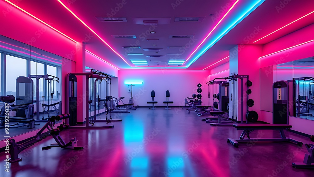 Futuristic neon-lit gym interior with modern fitness equipment for a high-energy workout experience. Futuristic neon-lit gym interior with modern fitness equipment for a high-energy workout experience.