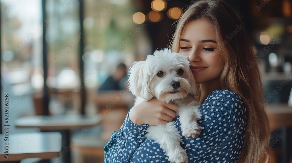 Young Woman Holding a White Dog in a Cafe Young Woman Holding a White Dog in a Cafe