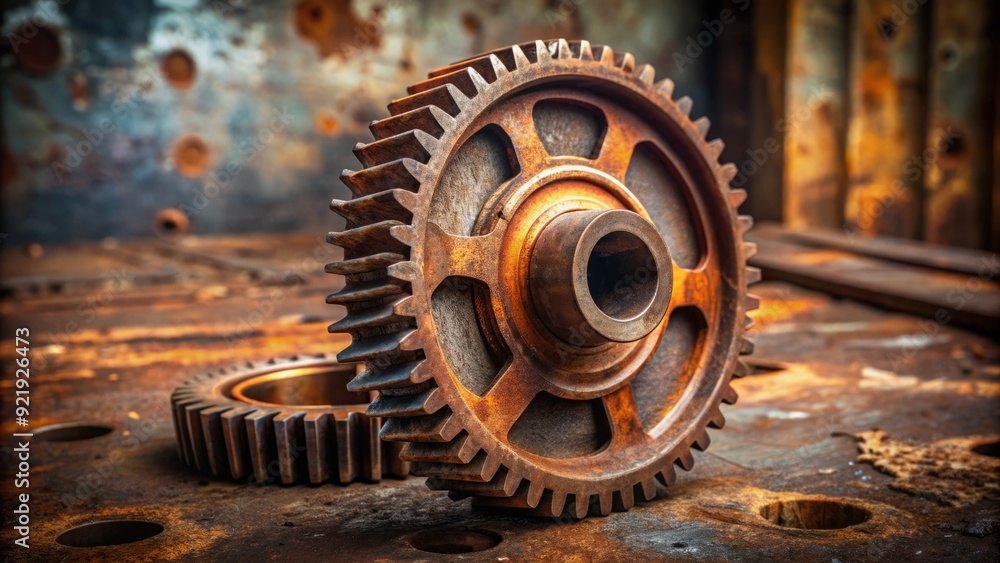 A rusty metal gear rotate slowly clockwise on a worn wooden background, symbolizing progress, change, and mechanical movement in a vintage industrial setting. A rusty metal gear rotate slowly clockwise on a worn wooden background, symbolizing progress, change, and mechanical movement in a vintage industrial setting.