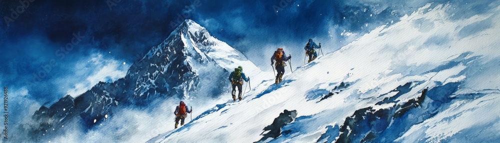 Climbers ascending a snow-covered mountain under a cloudy sky, showcasing the challenges and beauty of high-altitude mountaineering. Climbers ascending a snow-covered mountain under a cloudy sky, showcasing the challenges and beauty of high-altitude mountaineering.