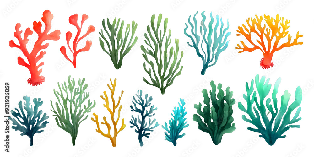 A vibrant collection of 13 watercolor-style seaweed and coral illustrations against transparent background. A vibrant collection of 13 watercolor-style seaweed and coral illustrations against transparent background.
