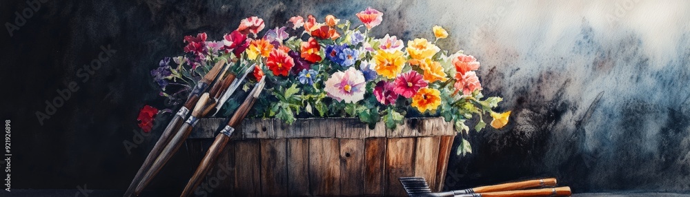 Colorful basket of flowers with paintbrushes on a dark artistic background, creating a vibrant and creative still life. Colorful basket of flowers with paintbrushes on a dark artistic background, creating a vibrant and creative still life.
