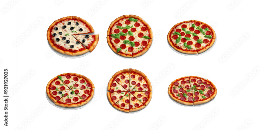 A collection of six assorted pepperoni pizzas with different toppings and slice arrangements, isolated on a transparent background. A collection of six assorted pepperoni pizzas with different toppings and slice arrangements, isolated on a transparent background.