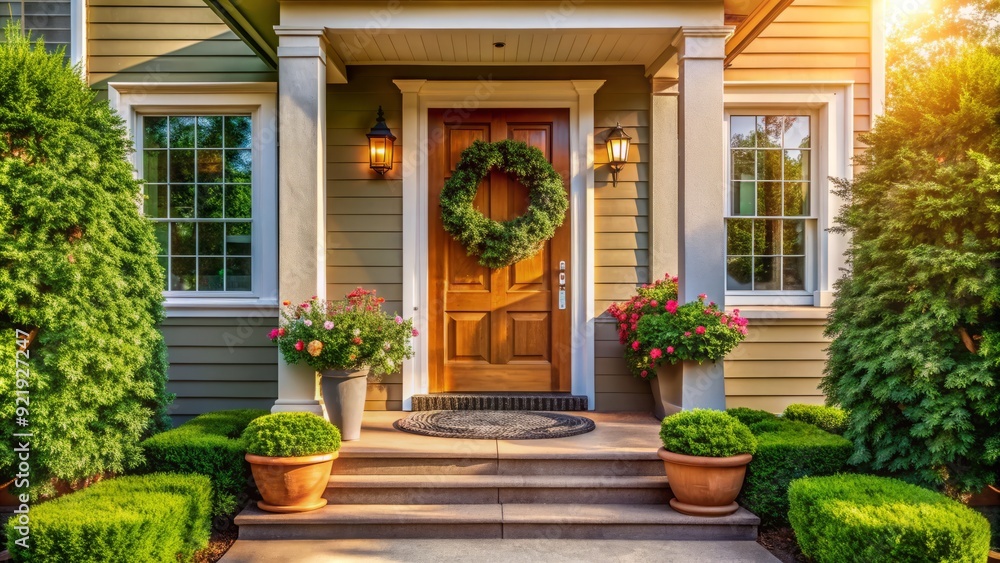 A serene welcome home scene featuring a warm and inviting front door with a wreath, surrounded by lush greenery and a sunny sidewalk. A serene welcome home scene featuring a warm and inviting front door with a wreath, surrounded by lush greenery and a sunny sidewalk.