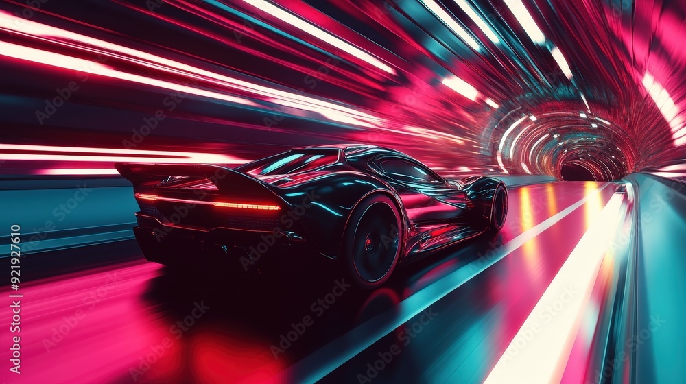 Futuristic Sports Car Speeding Through a Neon-Lit Tunnel at High Velocity Futuristic Sports Car Speeding Through a Neon-Lit Tunnel at High Velocity