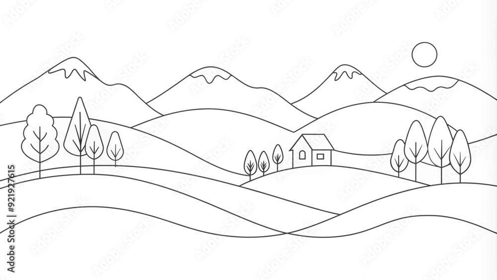 Continuous Line Drawing of a Landscape Continuous Line Drawing of a Landscape