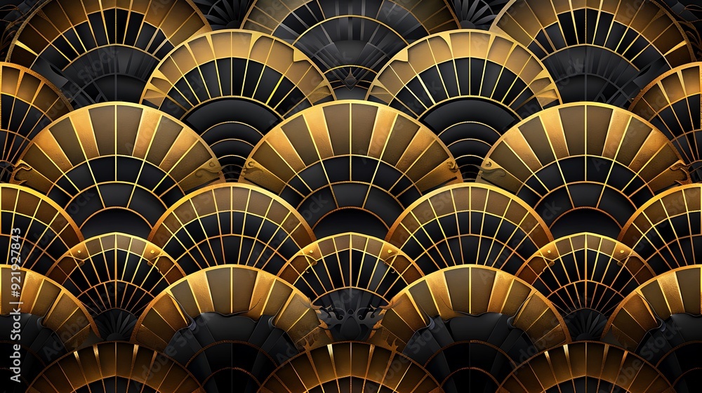 Naklejka premium A luxurious Art Deco design in gold and black, with intricate fan shapes and linear patterns. Rich contrasts, elegant, hd quality, classic and glamorous. --ar 16:9 --v 6.0 --s 250 --style raw