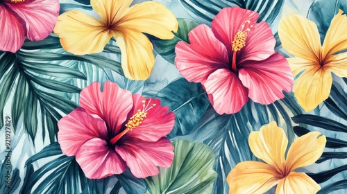 Wallpaper Mural Colorful tropical hibiscus flowers with lush green leaves create a vibrant and exotic summer pattern on a light background. Torontodigital.ca