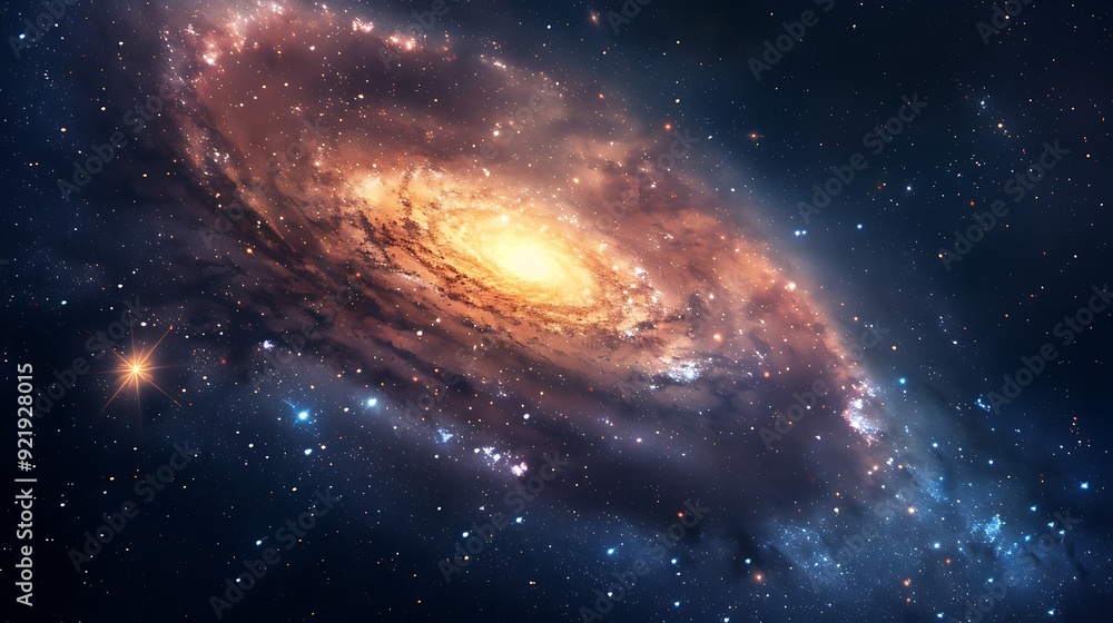 Fototapeta premium A mesmerizing view of a distant galaxy surrounded by vibrant nebulae and scattered stars, creating a breathtaking cosmic panorama. High contrast, vivid colors, hd quality, ethereal and majestic.