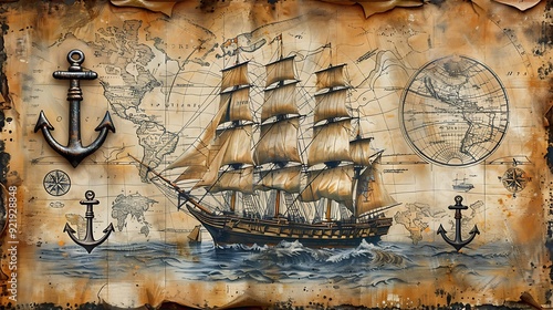 A nautical-themed design with detailed sketches of old sailing ships, anchors, and navigational maps on a parchment background. Vintage colors, intricate details, hd quality, maritime and historical. photo