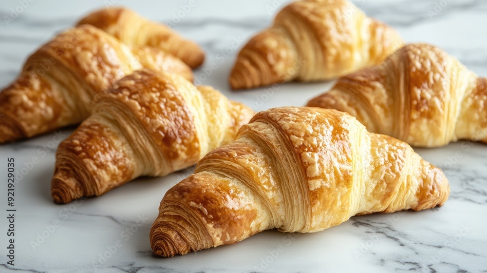 Delicious croissants with a flaky texture and golden color arranged on a marble surface. Ideal for breakfast and bakery imagery Delicious croissants with a flaky texture and golden color arranged on a marble surface. Ideal for breakfast and bakery imagery