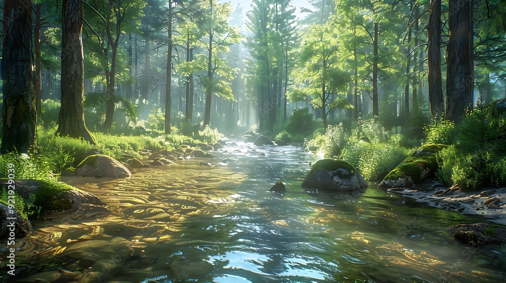 Obraz premium A peaceful forest scene with towering pine trees, dappled sunlight filtering through the leaves, and a meandering stream with crystal-clear water. Rich greens, detailed textures, hd quality,