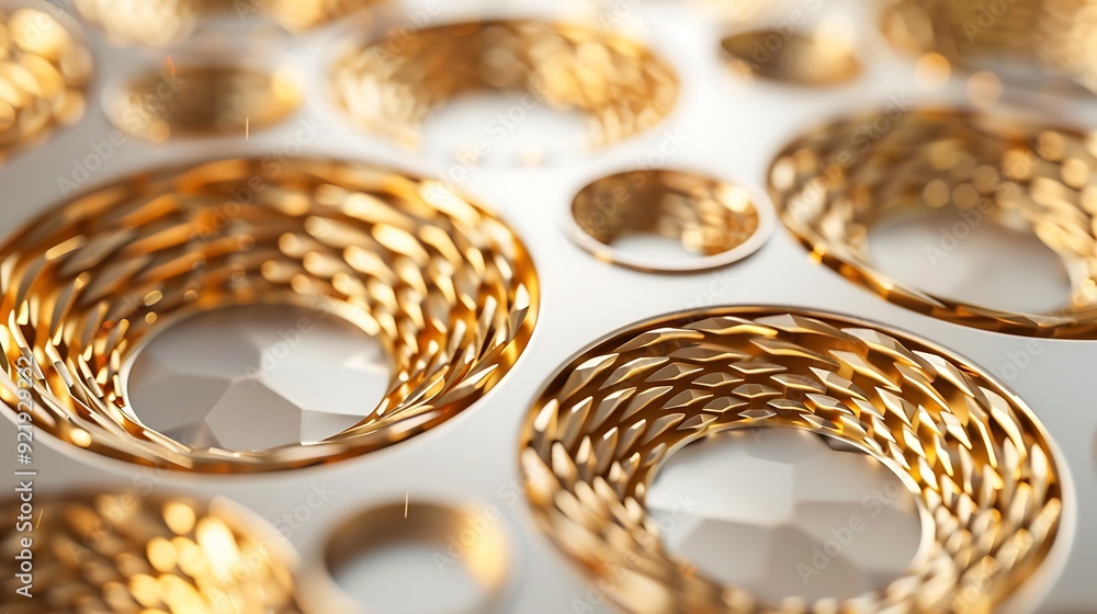 A photograph of elegant gold geometric shapes, intricate patterns, overlapping triangles, and circles, on a pristine white background. Minimalist style, sharp lines, high contrast, A photograph of elegant gold geometric shapes, intricate patterns, overlapping triangles, and circles, on a pristine white background. Minimalist style, sharp lines, high contrast,