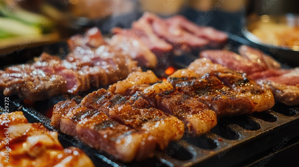 Delicious Korean barbecue with a variety of meats and vegetables. Perfect for dining guides and menus Delicious Korean barbecue with a variety of meats and vegetables. Perfect for dining guides and menus