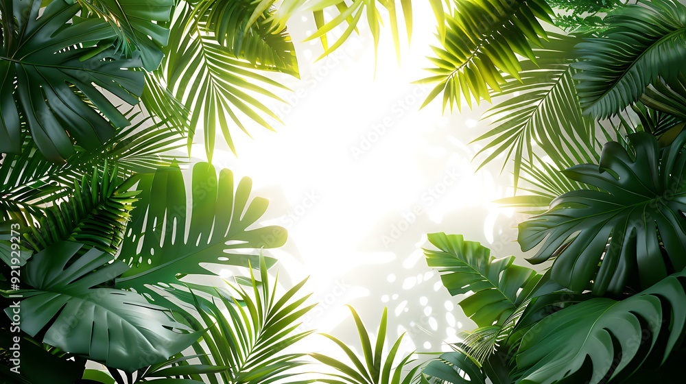 A photograph of lush tropical leaves, palm fronds, and ferns, creating a dense canopy effect on a white background. Bright greens, detailed textures, natural sunlight, hd quality, A photograph of lush tropical leaves, palm fronds, and ferns, creating a dense canopy effect on a white background. Bright greens, detailed textures, natural sunlight, hd quality,