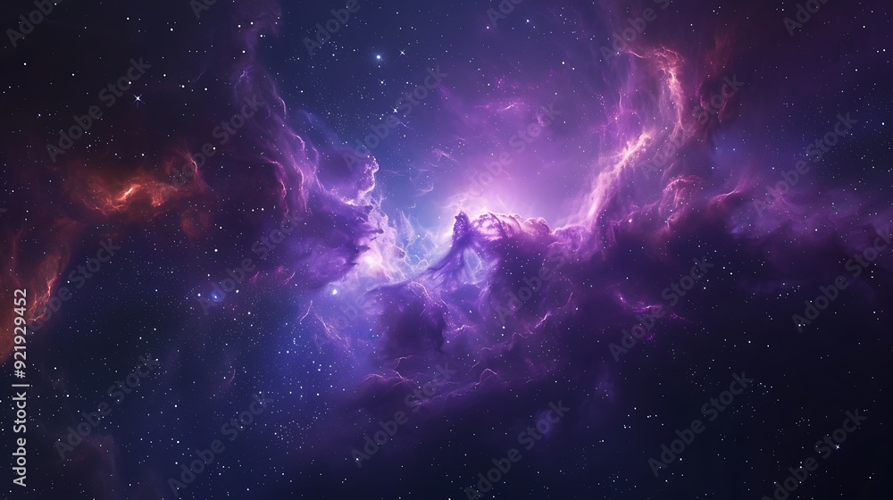 Obraz premium A photograph-like rendering of a nebula with rich hues of purple and blue, illuminated by bright stars, creating a mesmerizing cosmic landscape. High contrast, vivid colors, hd quality,