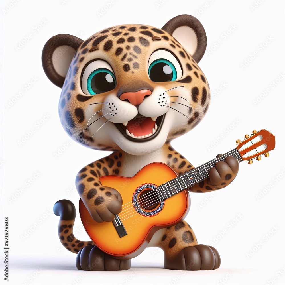 cute Joyful jaguar with a guitar, 3d Generative AI cute Joyful jaguar with a guitar, 3d Generative AI