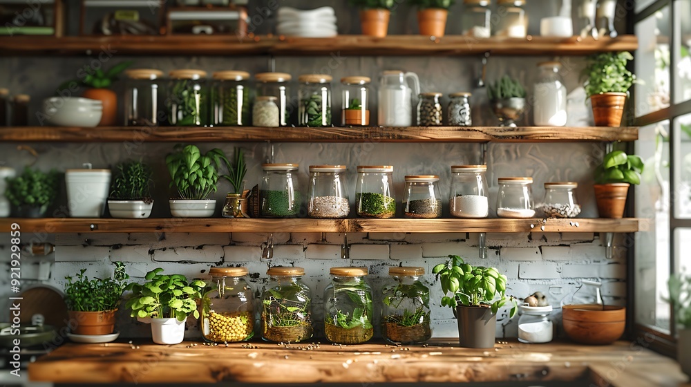 A rustic kitchen setting with wooden shelves filled with mason jars, fresh herbs, and vintage kitchenware, bathed in warm natural light. Earthy tones, detailed textures, hd quality, cozy and charming. A rustic kitchen setting with wooden shelves filled with mason jars, fresh herbs, and vintage kitchenware, bathed in warm natural light. Earthy tones, detailed textures, hd quality, cozy and charming.
