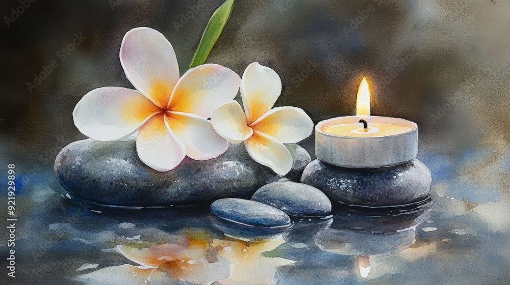 Elegant spa setting with frangipani flowers on rocks and a lit candle, creating a tranquil and soothing atmosphere for relaxation. water color, Elegant spa setting with frangipani flowers on rocks and a lit candle, creating a tranquil and soothing atmosphere for relaxation. water color,