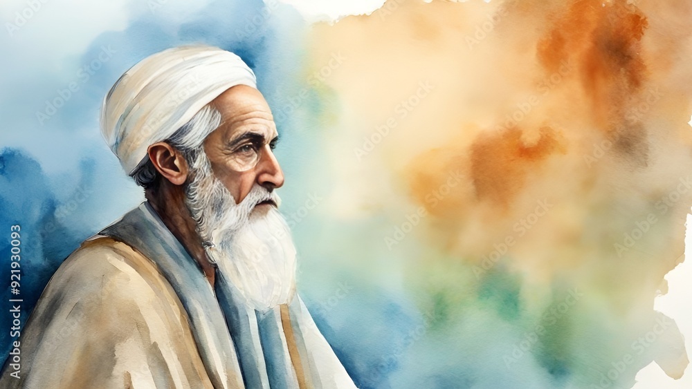 © Tauqeer - Water color painting of  Spanish polymath and jurist Averroes ibn e Rushd for quotes writing with blank canvas and space