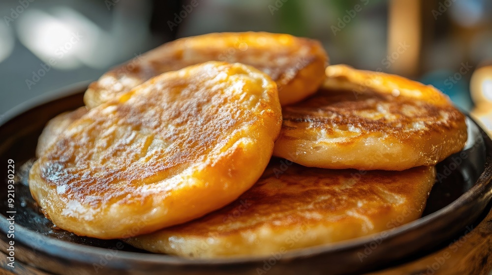 Korean hotteok (sweet pancakes) with a crispy exterior and sweet filling. Ideal for street food and dessert content Korean hotteok (sweet pancakes) with a crispy exterior and sweet filling. Ideal for street food and dessert content