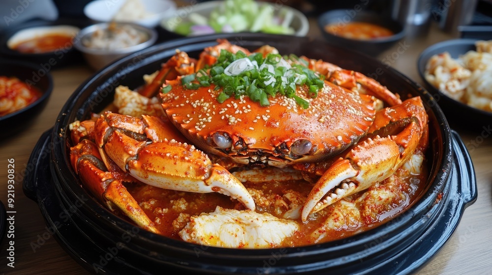 Korean spicy crab (ganjang gejang) with a flavorful sauce and side dishes. Perfect for seafood lovers Korean spicy crab (ganjang gejang) with a flavorful sauce and side dishes. Perfect for seafood lovers