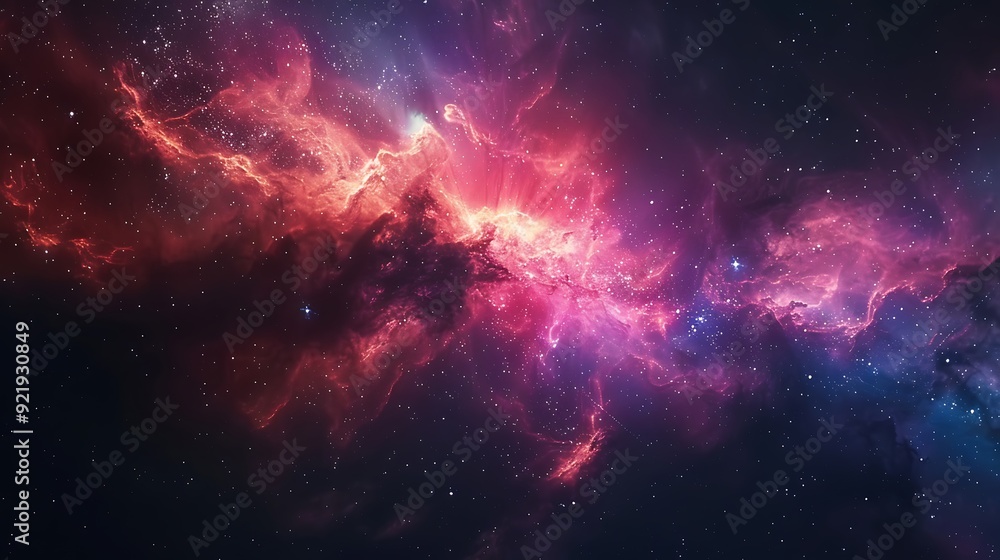 Naklejka premium A stunning cosmic scene featuring a vibrant nebula with swirling colors and countless stars scattered across the deep blackness of space. High contrast, vivid colors, hd quality,