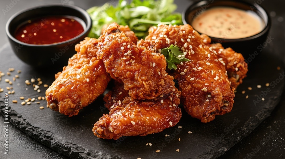 Korean-style fried chicken with crispy coating and dipping sauces. Great for restaurant menus and ads Korean-style fried chicken with crispy coating and dipping sauces. Great for restaurant menus and ads