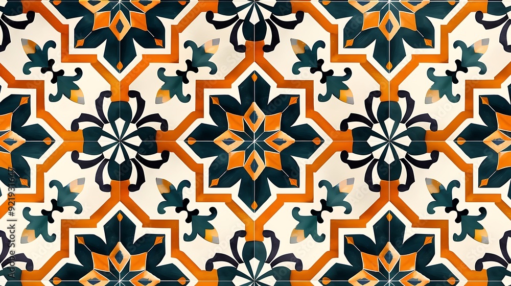 A stylized Moroccan tile design in shades of orange, teal, and white, featuring intricate geometric and floral patterns. Rich colors, high contrast, hd quality, traditional and sophisticated. A stylized Moroccan tile design in shades of orange, teal, and white, featuring intricate geometric and floral patterns. Rich colors, high contrast, hd quality, traditional and sophisticated.