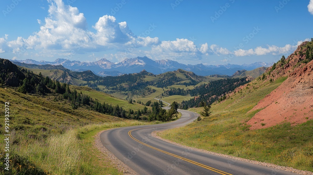 Fototapeta premium Scenic mountain road with sweeping curves and distant peaks, surrounded by open space. Great for travel and outdoor content