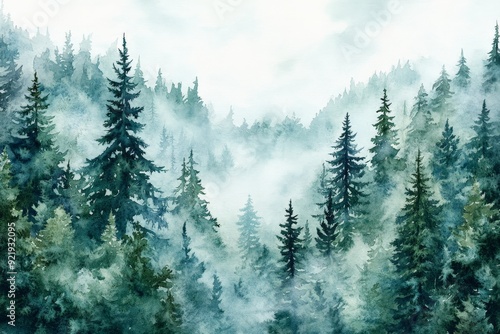 Misty evergreen forest landscape with dense pine trees and fog creating a serene and mysterious atmosphere.