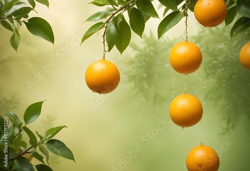 Oranges hanging on a tree in splashes of water. Oranges background. Fruit background