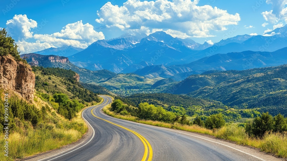 Scenic mountain road with sweeping turns and expansive views of distant peaks. Great for outdoor and travel imagery Scenic mountain road with sweeping turns and expansive views of distant peaks. Great for outdoor and travel imagery