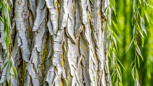 Close-up of white willow bark's intricate patterns and soft, silvery-gray texture, revealing natural beauty and soothing medicinal properties of the ancient plant.