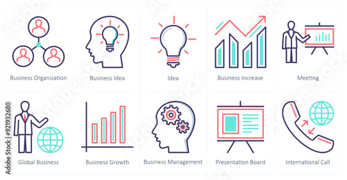A set of 10 business icons as business organization, idea, business increase