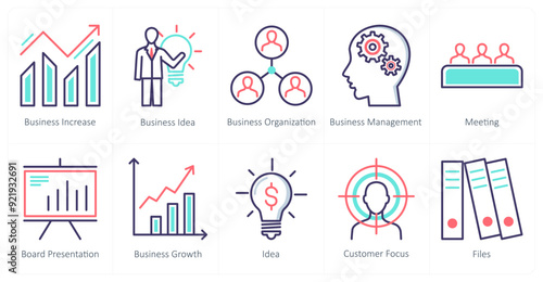 A set of 10 business icons as business increase, business idea, business organization