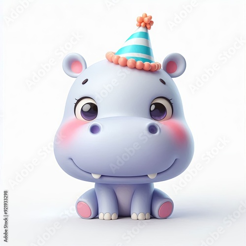 cute Happy hippo with a birthday hat, 3d Generative AI