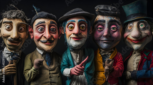 A series of close-up portraits of puppeteers, with their puppet characters visible alongside them, showing the bond between creator and creation.


 photo