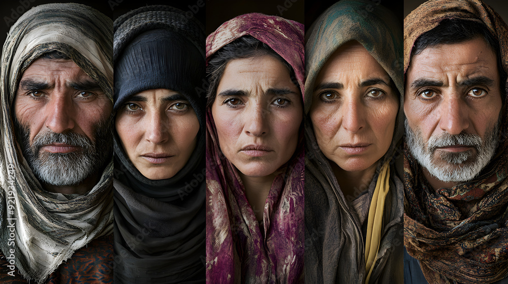 Naklejka premium A series of close-up portraits of refugees from various crises, with expressions of hope and resilience, wearing clothes that tell their stories.