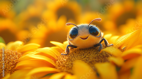 A cheerful bee sitting on a vibrant sunflower, showcasing the beauty of nature and pollination in a colorful garden. photo