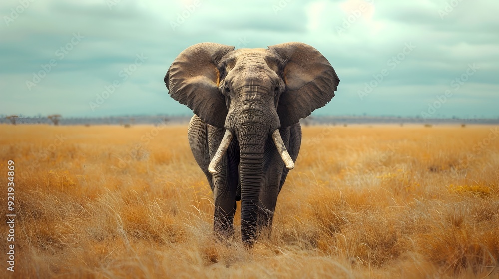 Fototapeta premium Majestic African Elephant With Powerful Tusks in Vibrant Savannah Landscape