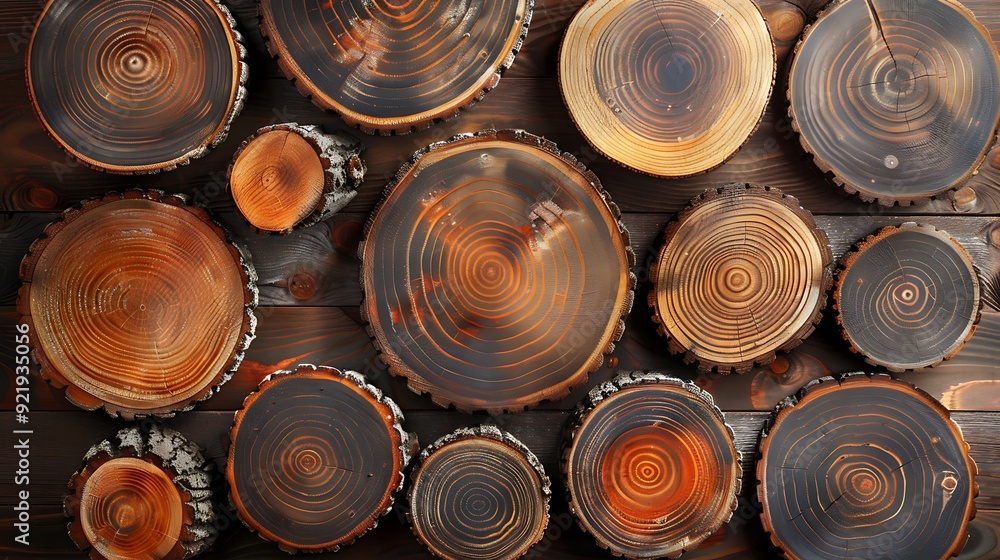 An abstract design featuring slices of tree trunks with visible rings and textures, arranged in a rustic pattern on a weathered wood background. Warm tones, detailed textures, hd quality, An abstract design featuring slices of tree trunks with visible rings and textures, arranged in a rustic pattern on a weathered wood background. Warm tones, detailed textures, hd quality,