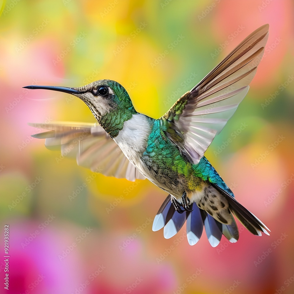 Naklejka premium Vibrant Hummingbird in Detailed Flight with Intense Gaze and Colorful Background