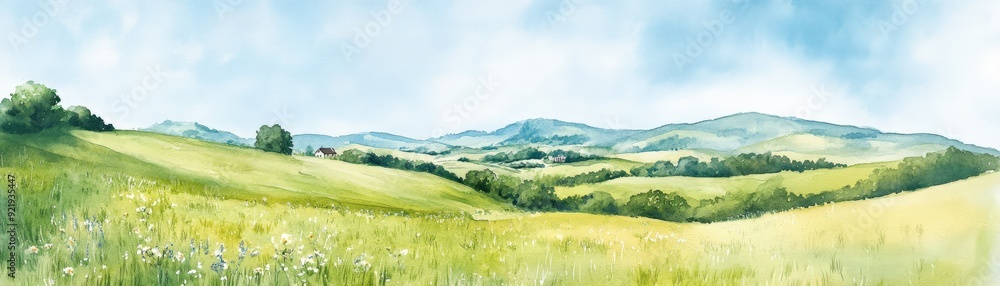 Fototapeta premium Scenic panoramic view of rolling green hills under a blue sky with white clouds, perfect for nature, landscape, and background use.